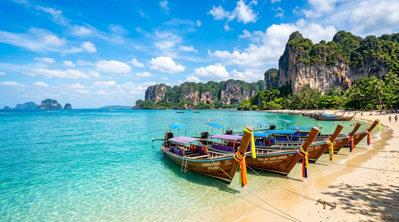 Traditional Thai long-tail boats on turquoise water below dramatic limestone cliffs in Southeast Asia
