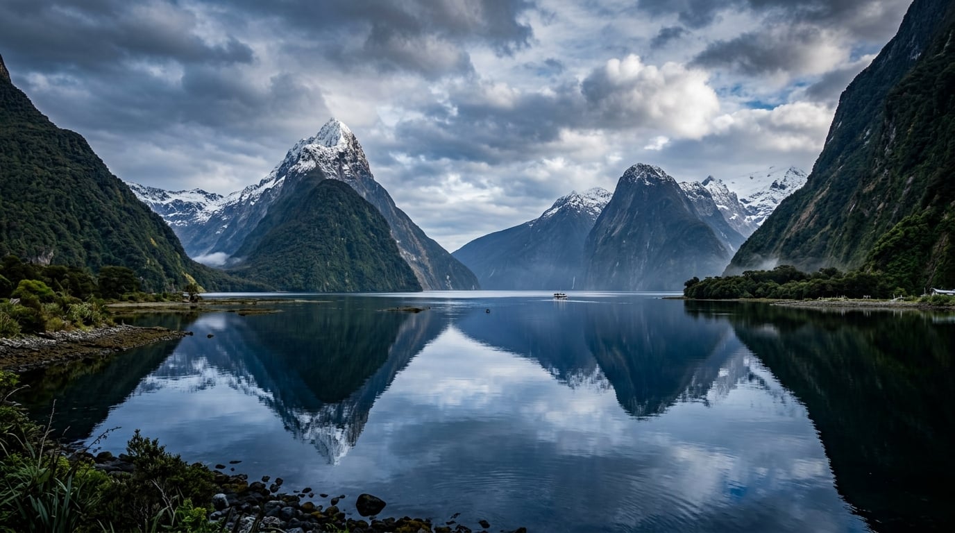 Snow-capped mountains reflected in the still water of a New Zealand fiord, Milford Sound style