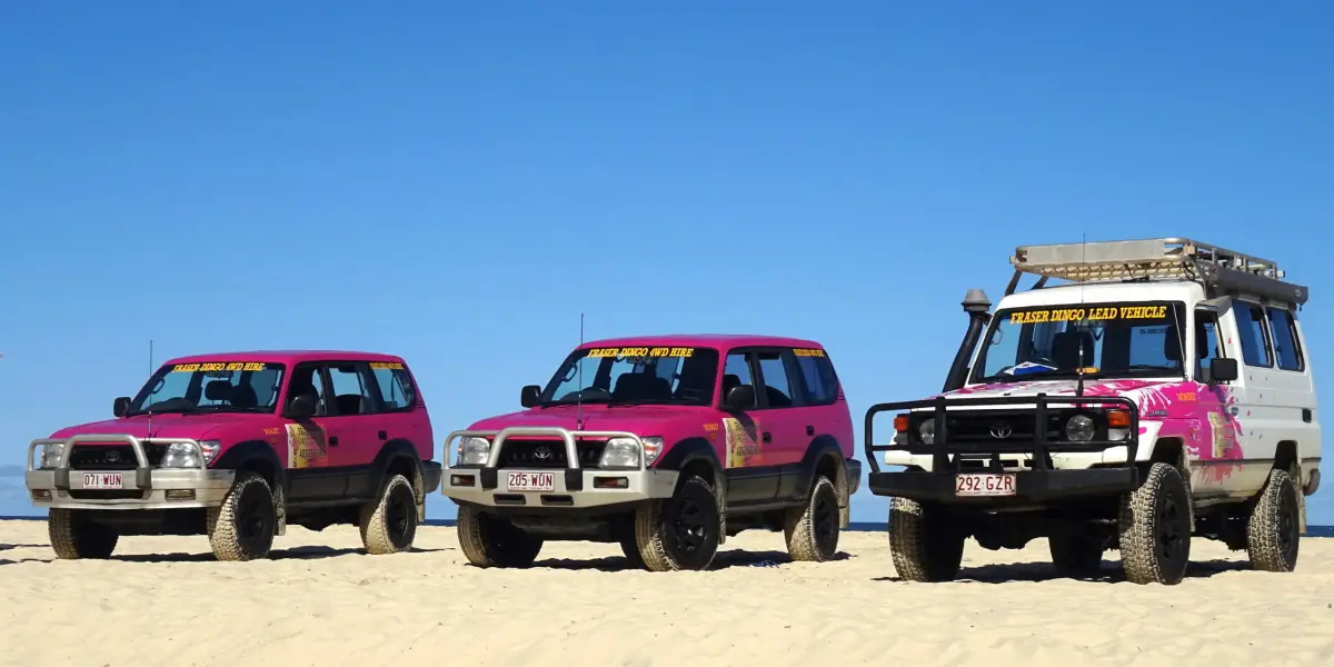 Pink Fraser Dingo 4WD vehicles parked on the beach on K’gari Fraser Island