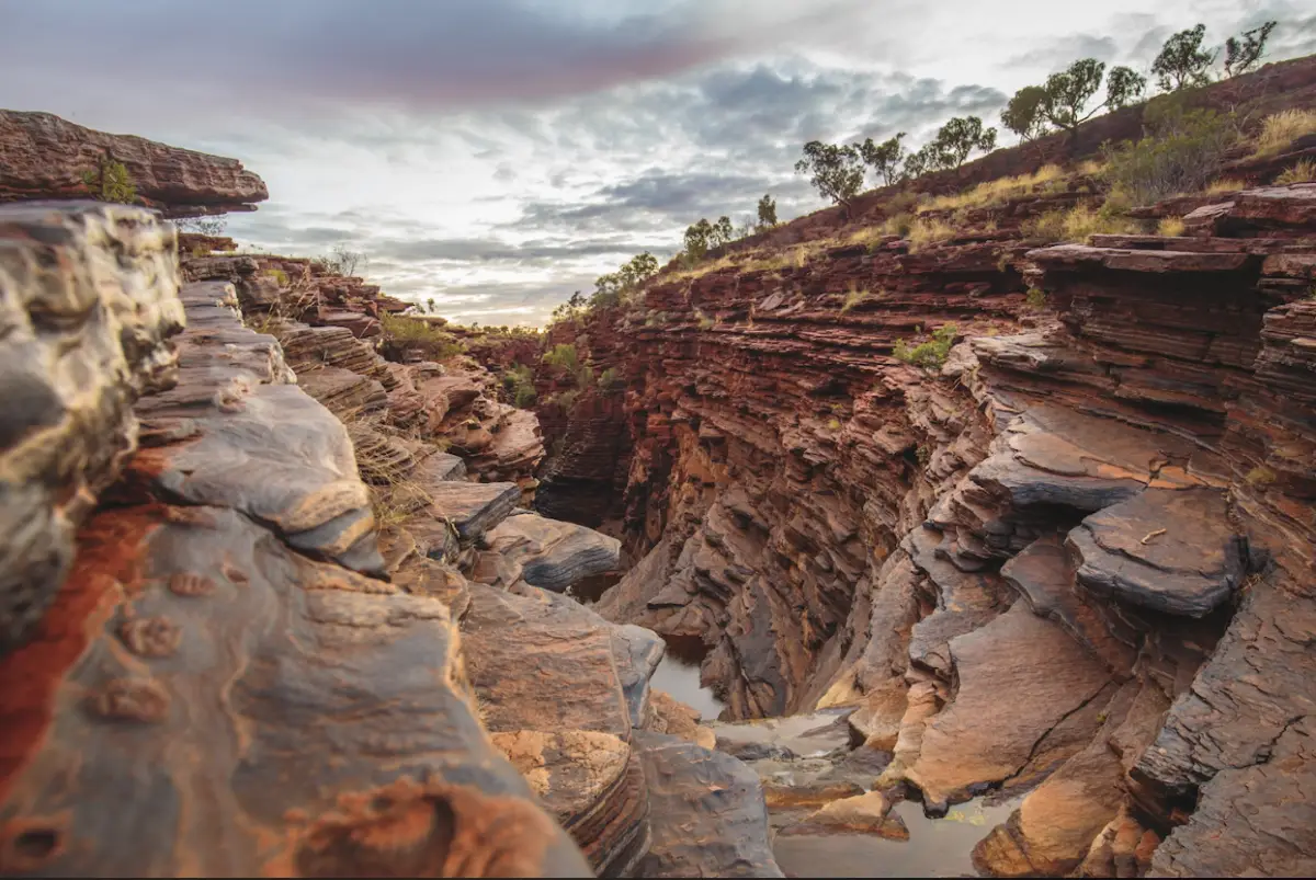 Dundee Adventure Travel | West Coast Adventures Stunning view of a rocky red canyon in Western Australia, showcasing rugged cliffs and deep gorges under a stormy sky.