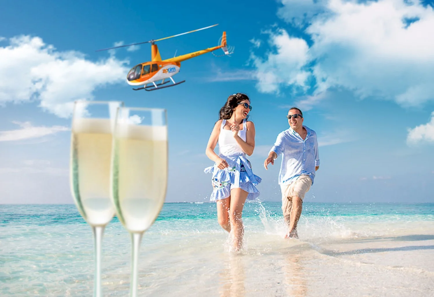 couple enjoying champagne on vlasoff cay coral cay bubbles flight tour