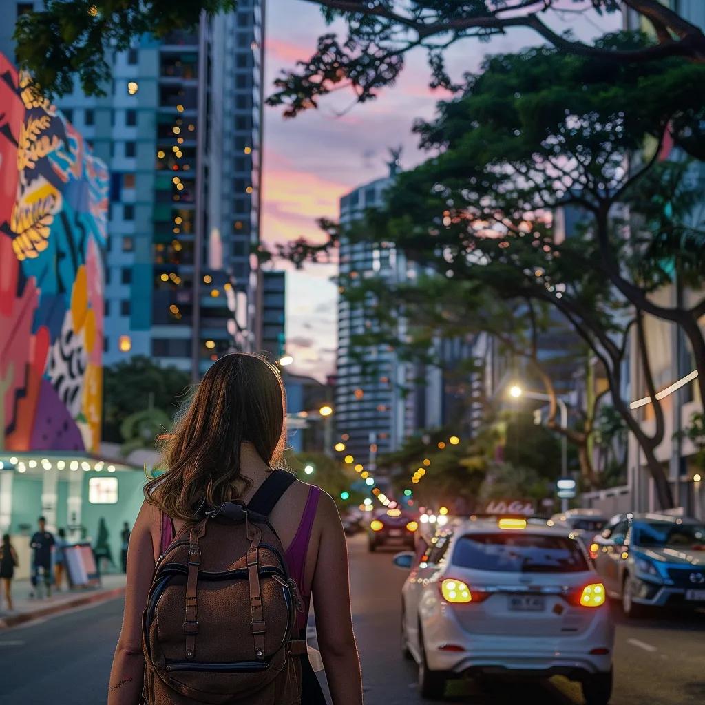 a vibrant urban scene featuring a young backpacker equipped with travel gear, exploring the bustling streets of darwin, with iconic landmarks and colorful street art in the background, under the warm glow of city lights at dusk.