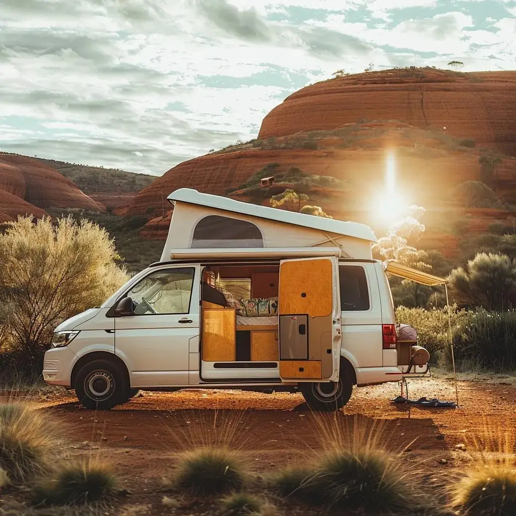 a vivid, sun-soaked campervan parked against a backdrop of rugged red outback terrain, showcasing an inviting open door leading to a cozy interior filled with travel essentials, capturing the spirit of adventure and exploration.