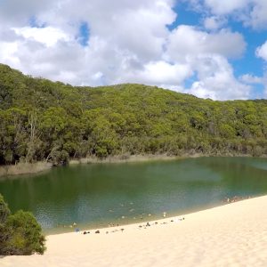 Wide view of Lake McKenzie with clear water and white sand on Fraser Island