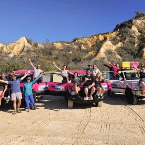 Large group posing on and around pink 4WD vehicles on Fraser Island