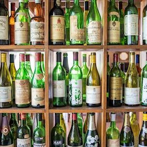 Vintage wine bottles on display at Hunter Valley Resort, Pokolbin.