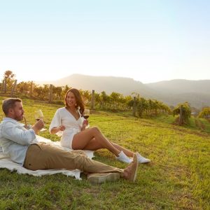 Couple enjoying a picnic at Audrey Wilkinson, Pokolbin in the Hunter Valley region.