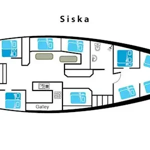 Layout map of the Siska Fun Sailing yacht showing cabins and deck areas
