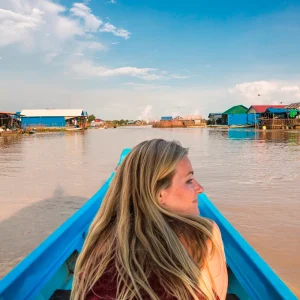 Wooden houses on water at Cambodia floating village