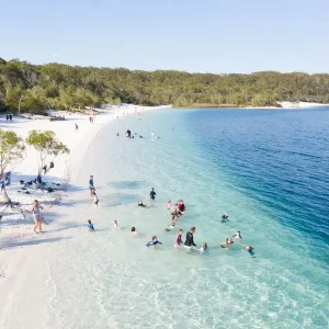 Crystal-clear Lake McKenzie on Fraser Island surrounded by white sand