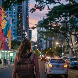 Dundee Adventure Travel | Dundee Adventure | 14-Day Premium East Coast Express a vibrant urban scene featuring a young backpacker equipped with travel gear, exploring the bustling streets of darwin, with iconic landmarks and colorful street art in the background, under the warm glow of city lights at dusk.