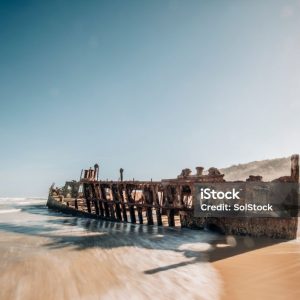 The Maheno shipwreck on the 75 Mile Beach on Fraser Island, Australia.