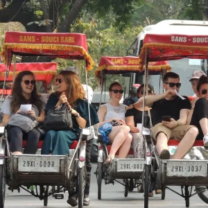 Rickshaw tour through Hanoi during Vietnam Intro 12 Days